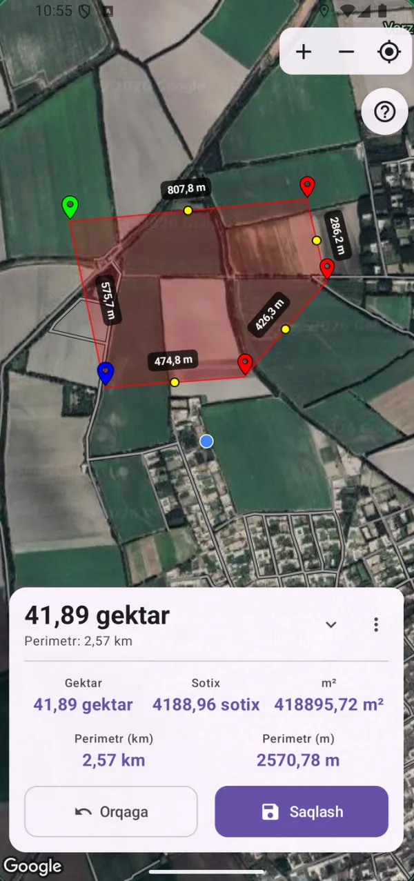 GeoMeter'da o'lchangan dala: maydon va perimetr